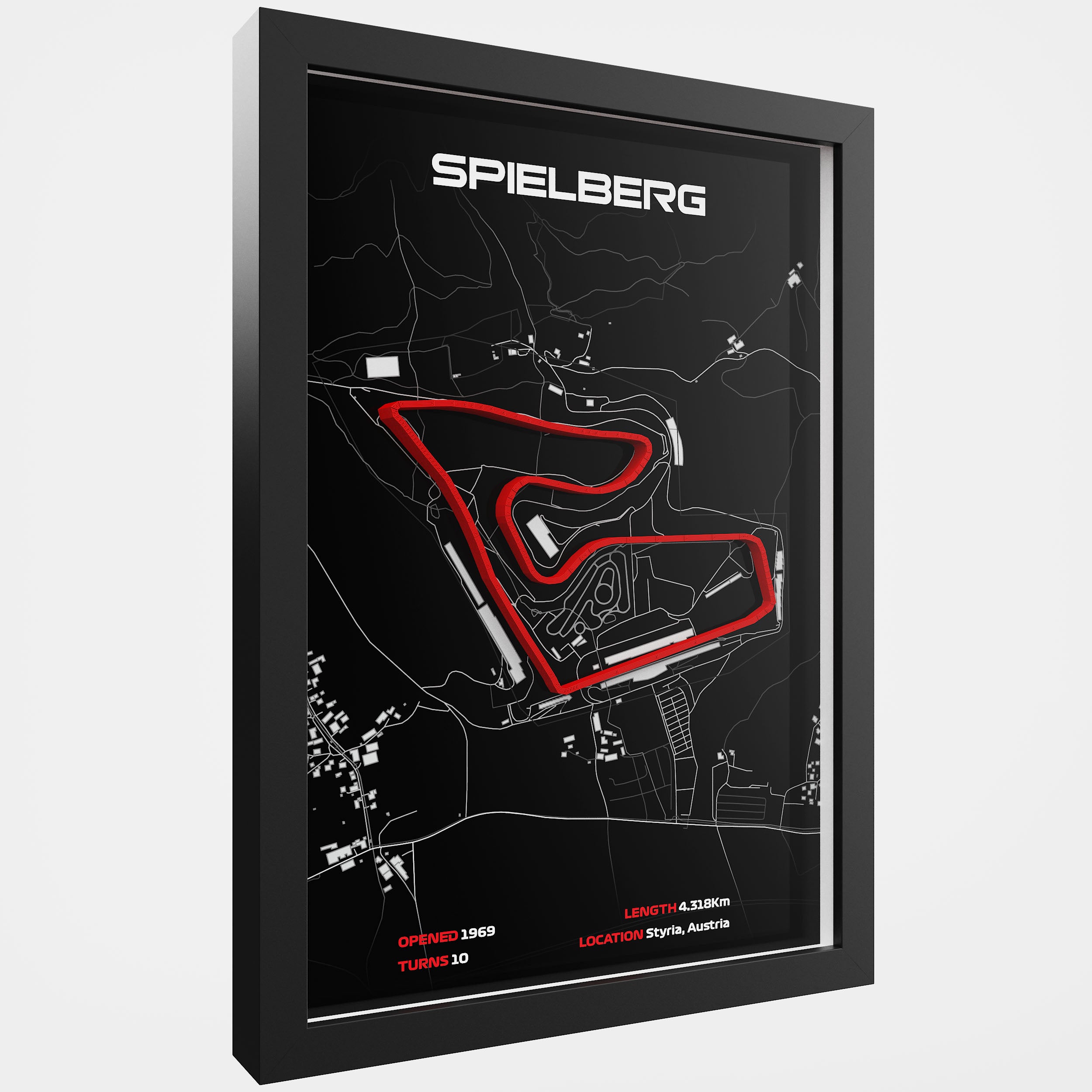 Framed poster of a race track layout with 'Spielberg' at the top on a black background.