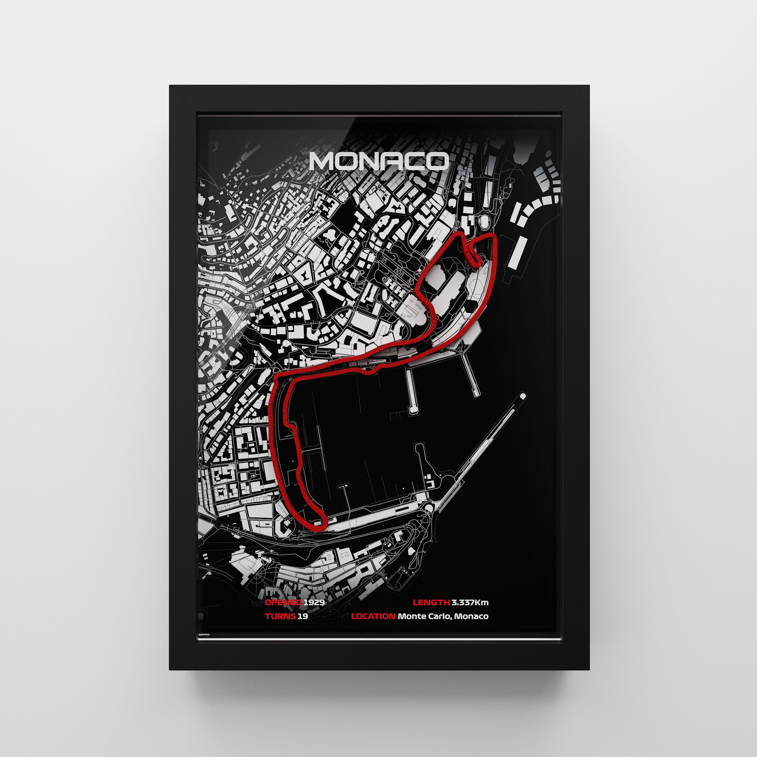 Framed map of Monaco with red highlights on a white background