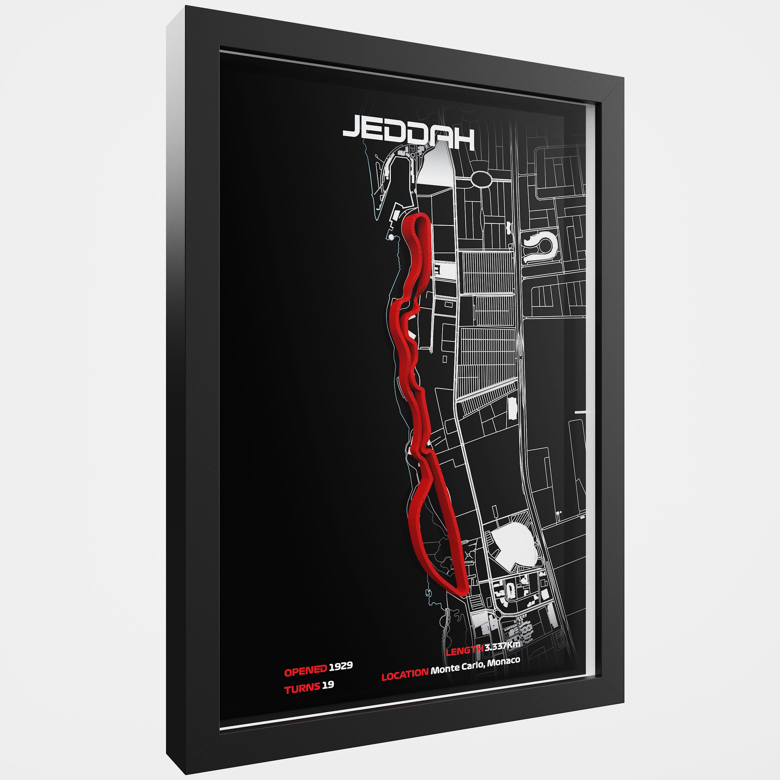 Framed map poster of Jeddah with a red track layout on a black background